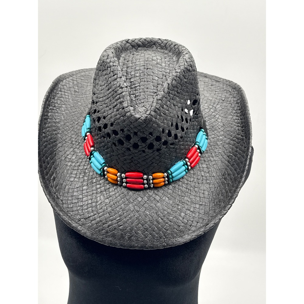 CSI Black Straw Cowboy Hat Beaded Band Sugar Skull Print OSFM RN153744